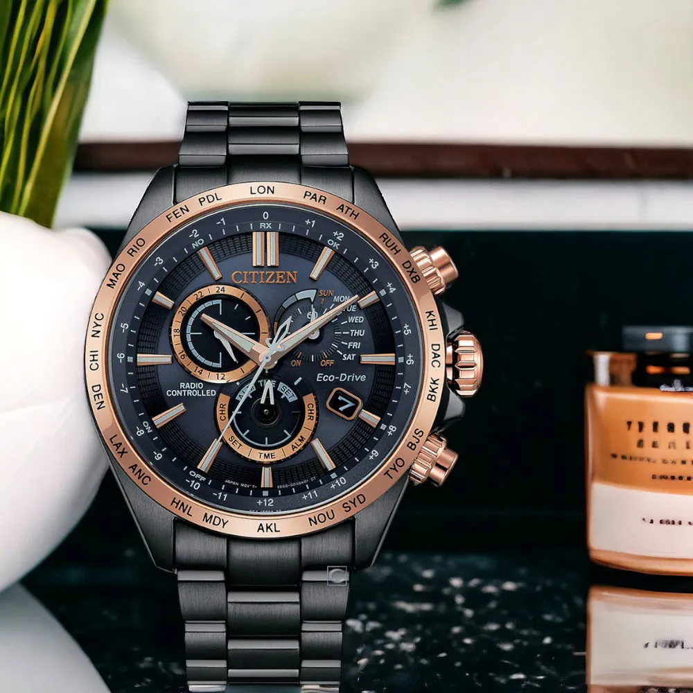 CITIZEN 星辰】光動能藍寶石電波鬧鈴多時區鋼帶錶男錶手錶-45mm 送禮