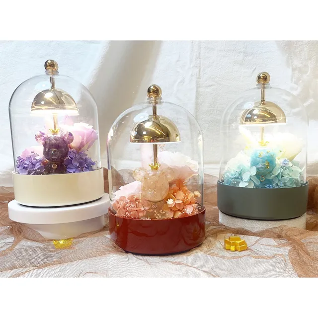 【OSTARA FLORIST 奧斯塔拉花藝】風鈴玻璃拍拍燈 經典水晶熊擺件系列(永生花、檯燈、節日花禮、水晶)