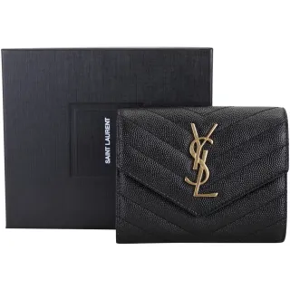 【YSL】Saint Laurent MONOGRAM 魚子醬牛皮三折短夾-黑色