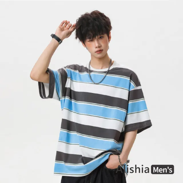 【Alishia】復古簡約寬鬆圓領條紋質感男士T恤 上衣 M-2XL(灰藍色)