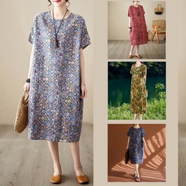 【巴黎精品】現貨限搶 連身裙短袖洋裝(亞麻棉麻印花繭型碎花連身女裙子a1bn71)