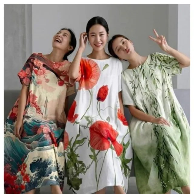 【巴黎精品】現貨+預購 連身裙短袖洋裝大尺碼女裝人工彩繪(圓領寬鬆網版絹印顯瘦長裙女裙子23款b2a7 A)