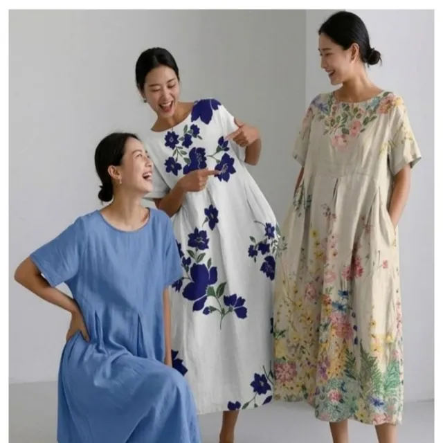 【巴黎精品】現貨+預購 連身裙短袖洋裝大尺碼女裝(圓領寬鬆網版絹印顯瘦長裙女裙子22款b2a8 C)