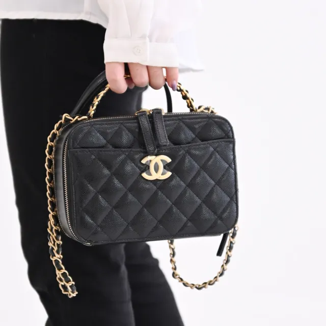 【CHANEL 香奈兒】品牌雙C LOGO菱格紋小牛皮雙層手提鍊包兩用包(黑/金)