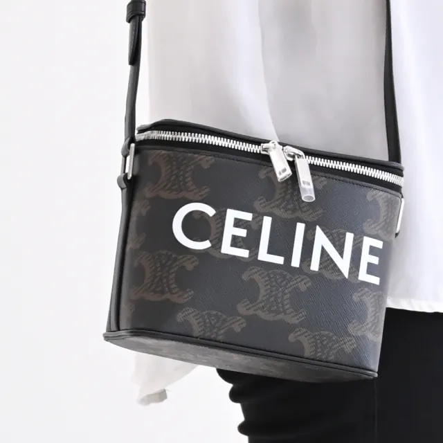 【CELINE】TRIOMPHE 品牌塗層印花拼接盒子造型斜背包(深咖/黑)