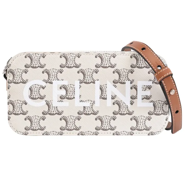 【CELINE】TRIOMPHE 品牌塗層印花拼接小包手機包斜背包(白/咖)