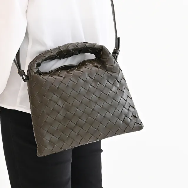 【BOTTEGA VENETA 寶緹嘉】Mini Hop 簡約手工編織牛皮手提包斜背包兩用包(墨綠)