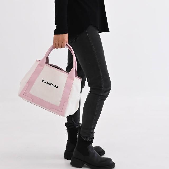 【Balenciaga 巴黎世家】NAVY 簡約LOGO厚帆布拼接附萬用袋大手提包托特包(米白)『entrupy安心購』