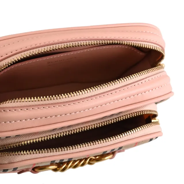 【BURBERRY 巴寶莉】Check Link 戰馬格紋肩斜相機包(駝/粉邊)