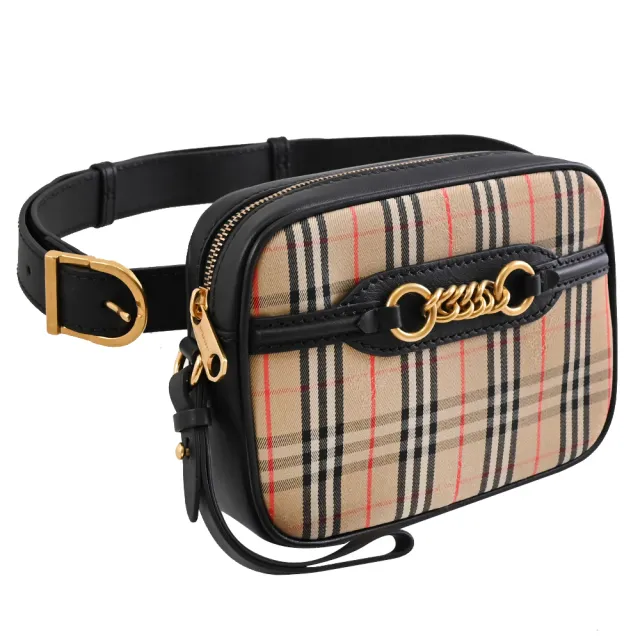【BURBERRY 巴寶莉】Check Link 英系戰馬格紋手提三用胸口包腰包(黑邊)