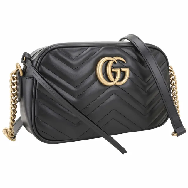 【GUCCI 古馳】GG Marmont 大款 山形絎縫皮革鍊帶包 皮革內袋-黑色