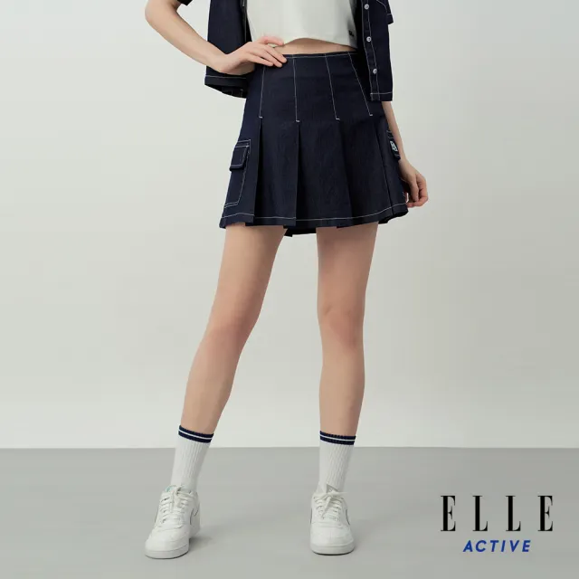 【ELLE ACTIVE】女款 工裝口袋丹寧百褶短裙-深藍色(EA26S2W2102-39)