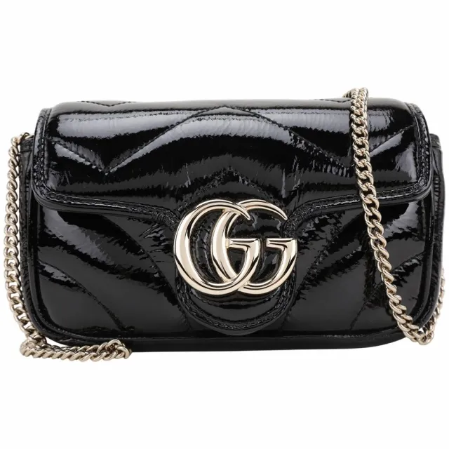 【GUCCI 古馳】GG Marmont 迷你款 山型絎縫漆皮鍊帶手拿 斜背包-黑色
