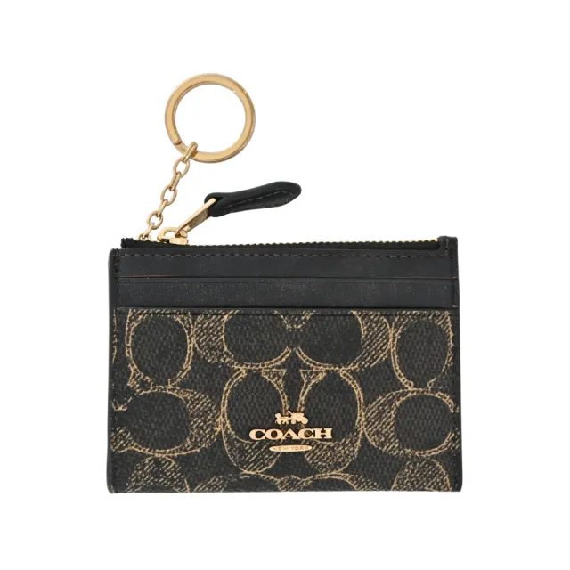 【COACH】塗鴉風棕黃色C Logo PVC 拼接皮革前卡夾鑰匙零錢包