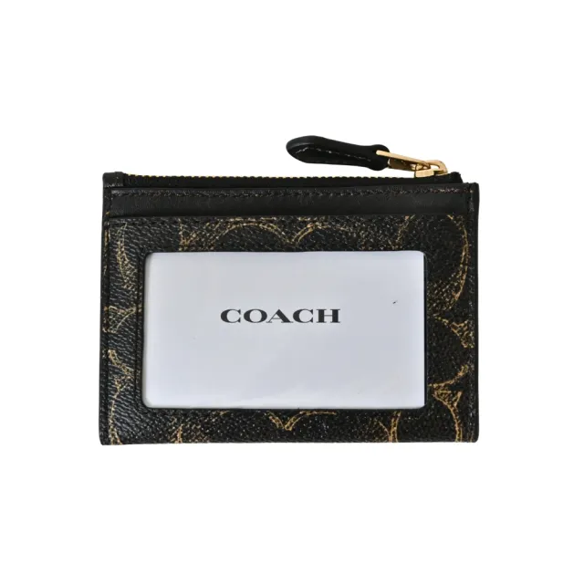 【COACH】塗鴉風棕黃色C Logo PVC 拼接皮革前卡夾鑰匙零錢包