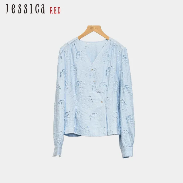 【Jessica Red】氣質V領顯瘦長袖襯衫R62305（藍）