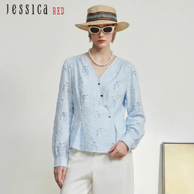 【Jessica Red】氣質V領顯瘦長袖襯衫R62305(藍)