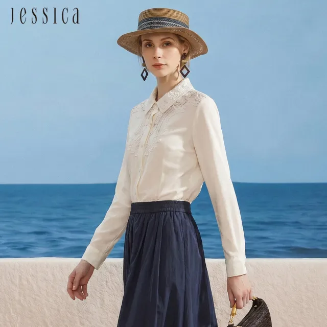 【JESSICA】氣質設計感拼接蕾絲長袖襯衫J62304