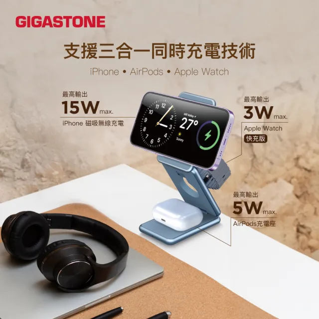 【Gigastone 立達國際】三合一23W折疊式磁吸無線充電座WP-9330G(iPhone17/蘋果耳機及手錶 MagSafe 充電盤)