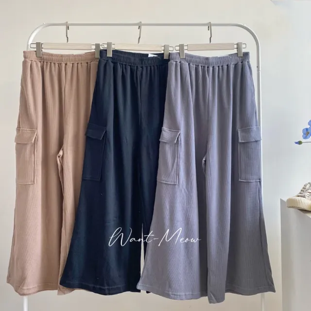 【Want-Meow】90公斤可穿/獨家訂做顯瘦很挺鬆餅格工裝寬褲工裝褲(大碼/大尺碼/加大碼/寬褲)