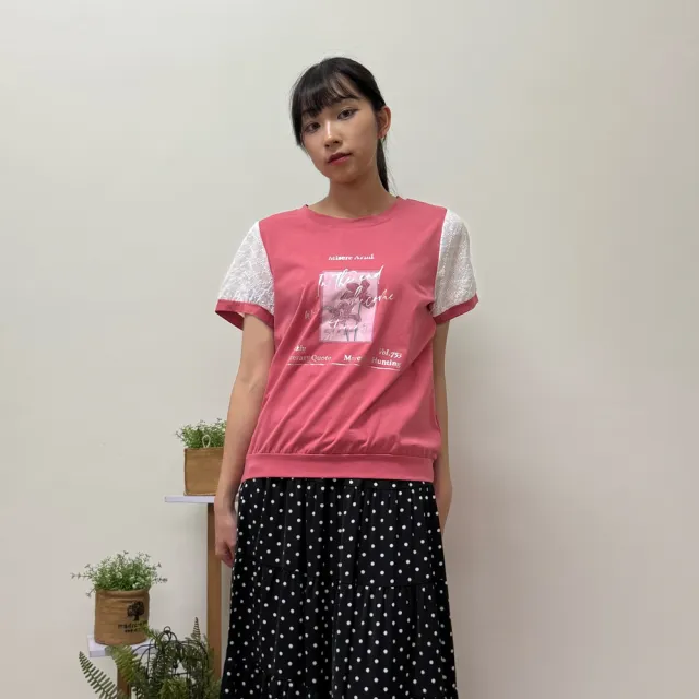 【Hana Mokuba】花木馬日系女裝圓領袖口蕾絲拼接・日常印花上衣