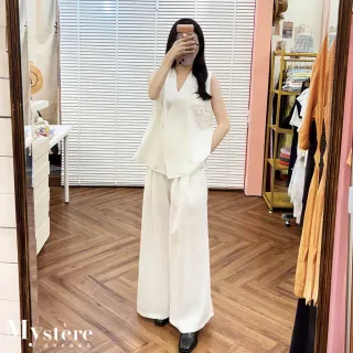 【my stere 我的時尚秘境】繡花V領背心寬褲 兩件式套裝 白色 背心套裝 棉麻套裝 氣質套裝