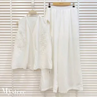 【my stere 我的時尚秘境】繡花V領背心寬褲 兩件式套裝 白色 背心套裝 棉麻套裝 氣質套裝