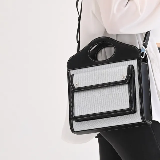 【BURBERRY 巴寶莉】Mini Pocket 專櫃秀款品牌印花帆布手提兩用包(黑邊)