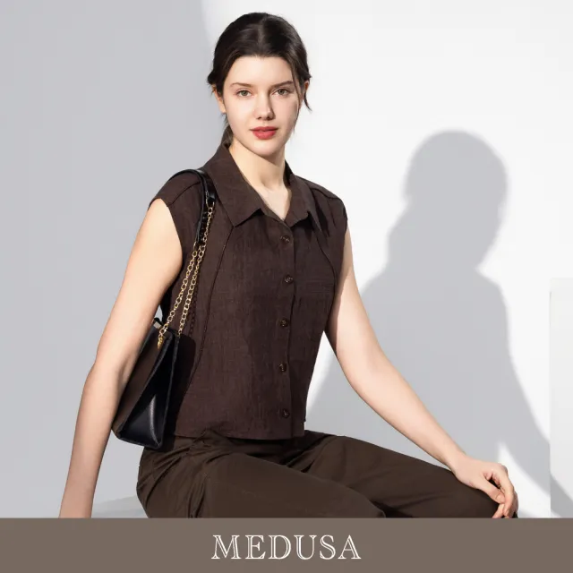 【MEDUSA 曼度莎】現貨-亞麻透氣滾邊無袖休閒襯衫(M-XL)|亞麻襯衫 無袖上衣 涼感穿搭