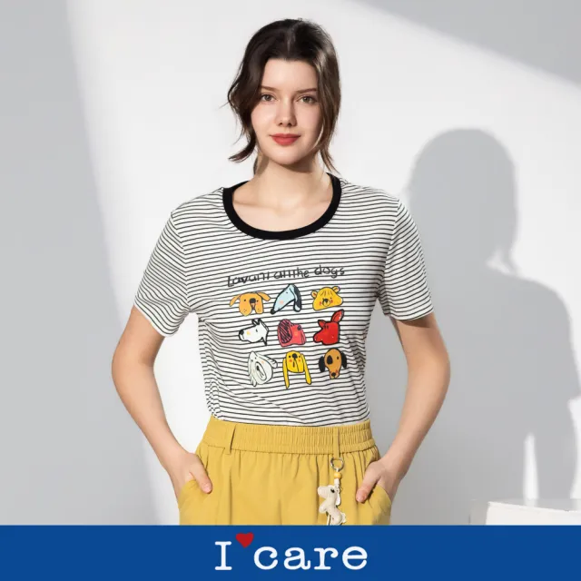 【I’Care 依卡】現貨-可愛卡通頭橫紋美式休閒T恤 - 2色（F）｜卡通T恤 美式穿搭 休閒穿搭