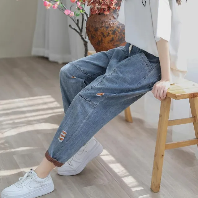 【LANNI 藍尼】現貨 鬆緊九分牛仔哈倫褲(女裝/褲子/長褲/短褲/九分褲/單寧/錐形)