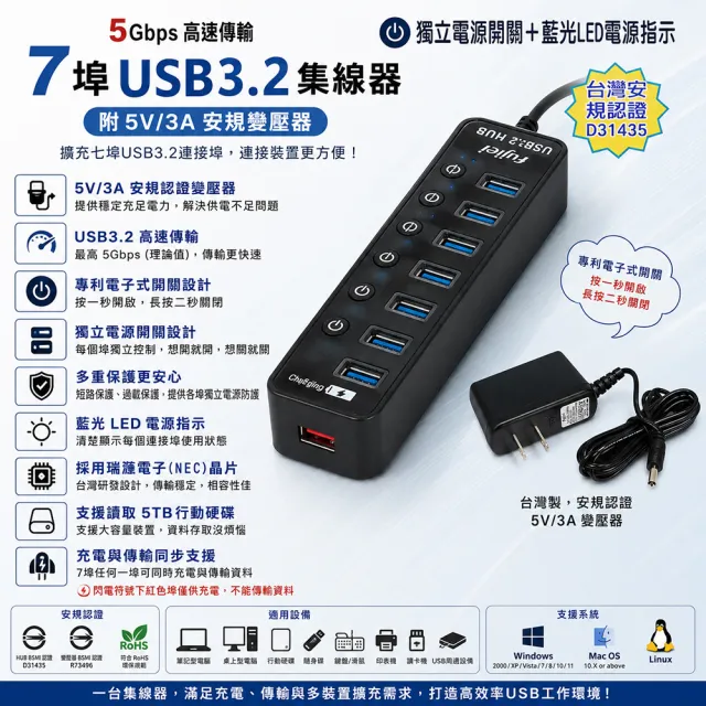 【Fujiei】7埠獨立電子開關USB3.2 HUB(附台灣製5V3A安規變壓器)