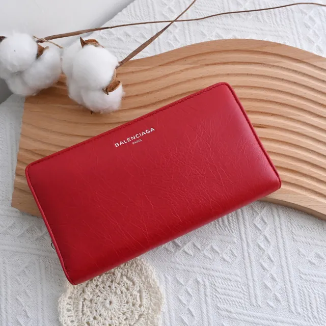 【Balenciaga 巴黎世家】經典燙印LOGO小牛皮拉鍊長夾(紅)