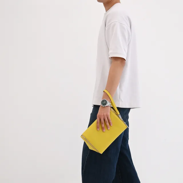 【BOTTEGA VENETA 寶緹嘉】簡約立體三角造型小牛皮大容量手拿包萬用(萊姆黃)