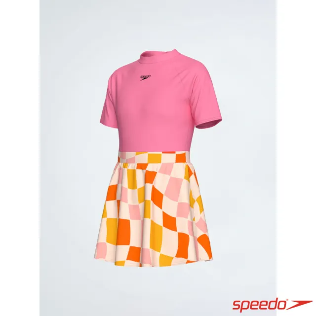 【SPEEDO】女孩 休閒連身裙泳裝 格子粉