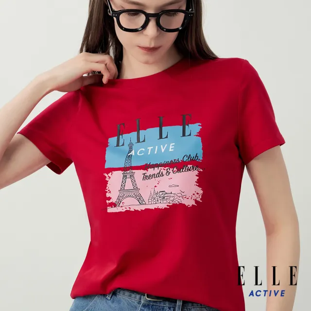 【ELLE ACTIVE】女款 巴黎印花圓領短袖T恤-紅色(EA26S2W1610-75)