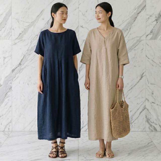 【巴黎精品】現貨限搶 洋裝短袖連身裙亞麻棉麻大尺碼女裝(V領簡約長版純色女裙子2色a1au13)S