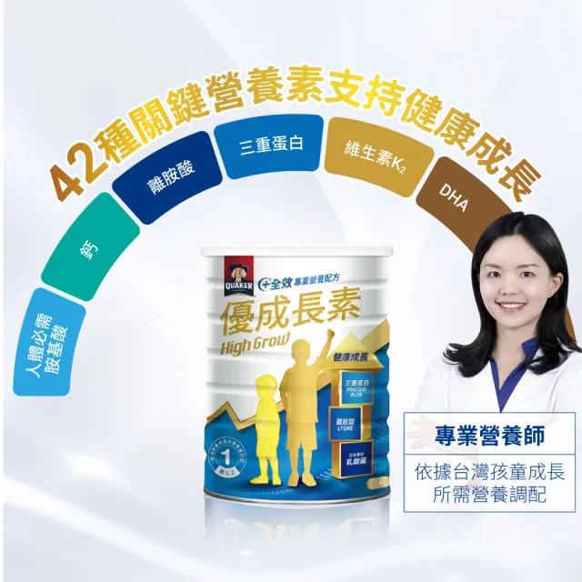 【QUAKER 桂格】優成長素全效營養低糖配方800gx6罐(優質蛋白+維生素K+鈣、DHA幫助學習發育)