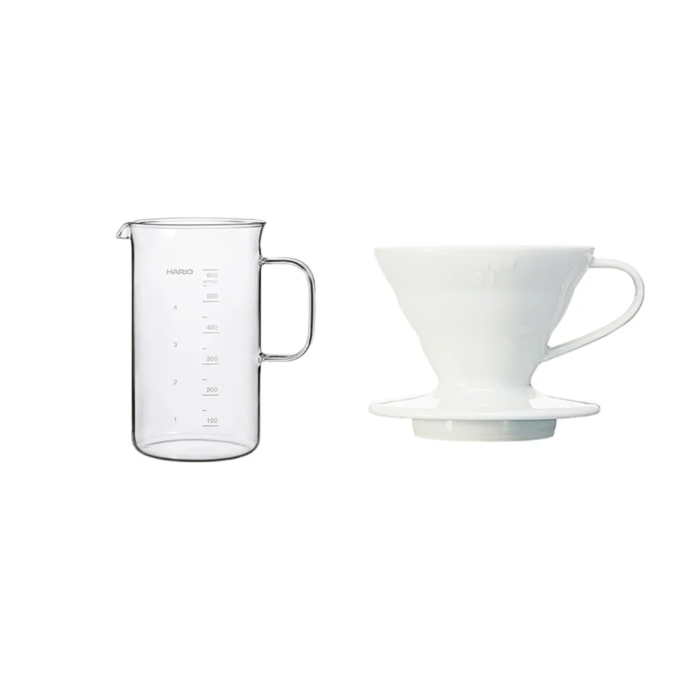 【HARIO】白色磁石濾杯01+經典燒杯咖啡壺600ml 套裝組(耐熱玻璃 量杯 科學系列 咖啡壺 分享杯 hario官方)