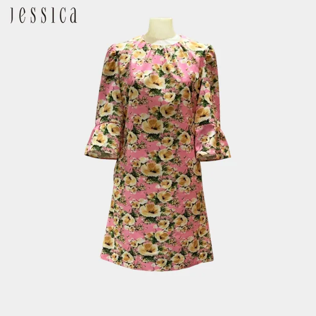 【JESSICA】亮麗花卉印花圓領荷葉五分袖雪紡洋裝G42702