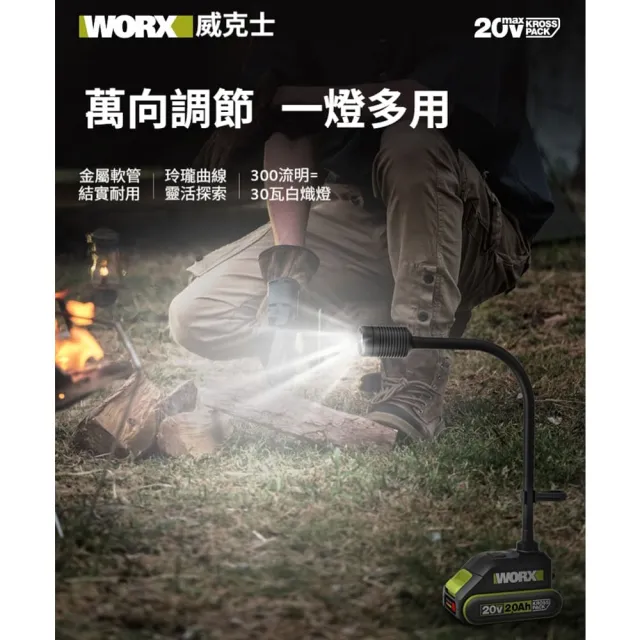 【WORX 威克士】20V 多功能鋰電LED蛇行燈 直流 照明燈 LED蛇燈 工作燈 手電筒 應急燈 露營燈 WU028.9