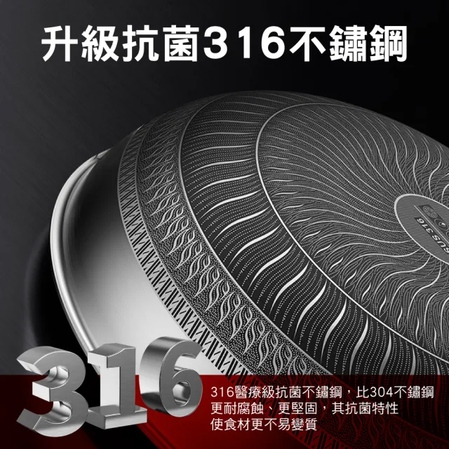 【鼎匠】升級鈦黑立體雙面蜂巢★七層複合金316抗菌不鏽鋼不沾炒鍋32cm(可立玻璃蓋/不挑爐具煎鍋)