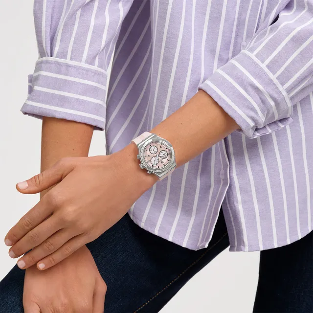 【SWATCH】POPPINGLY PINK 金屬運動手錶/男錶/女錶/瑞士製造 YVS532(43mm)