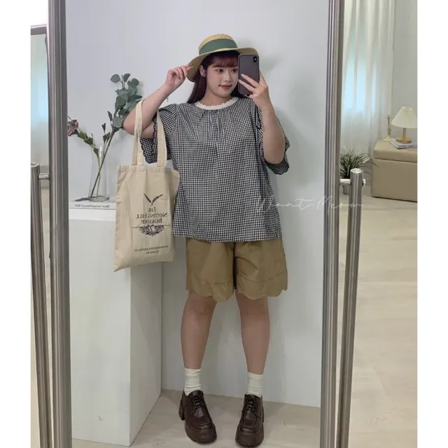 【Want-Meow】90公斤可穿/日系涼爽挺版下擺花邊造型短褲(大碼/大尺碼/加大碼/寬褲)
