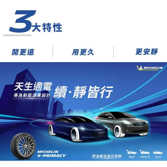 【Michelin 米其林】E-PRIMACY 255/45/20吋 四入組輪胎 送安裝(車麗屋)