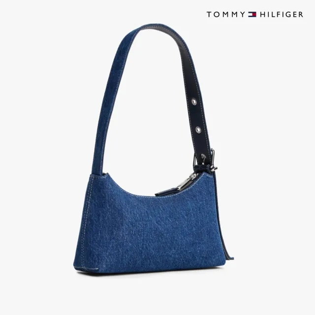 【TOMMY HILFIGER】官方旗艦館標誌飾牌牛仔布單肩包_藍色