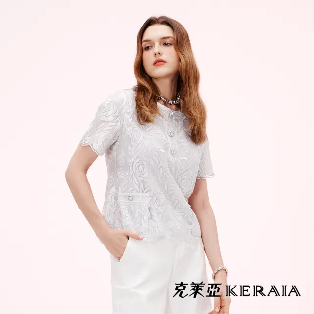 【KERAIA 克萊亞】銀月玫瑰透紗刺繡上衣