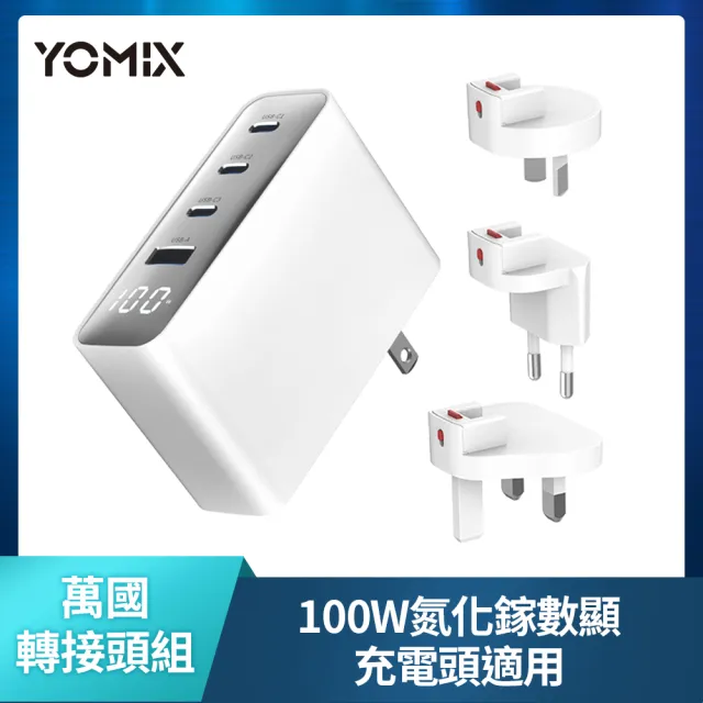 【YOMIX 優迷】萬國轉接頭組★100W氮化鎵數據顯示四孔快充充電器(Type-C/USB/筆電快充/豆腐頭/充電頭/I17適