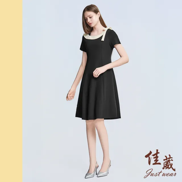 【Just Wear 佳葳】典雅翻領蝴蝶結洋裝(中大尺碼/裙子/中長裙/棉質/一字領/拼接/短袖)