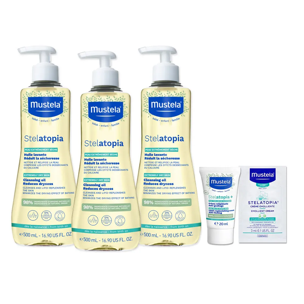 【Mustela 慕之恬廊】舒緩沐浴油500mlX3入(乾癢肌洗澡洗髮泡澡 無香 保水補油)